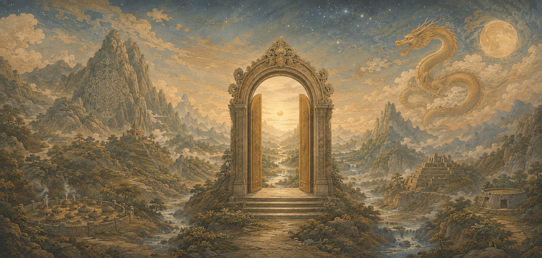 Illustrated golden gate opening onto a new world of mountains, rivers and villages